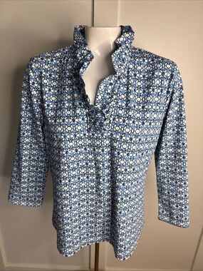 J. McLaughlin Durham Ruffle Neck Top Size XL Catalina Cloth Blue White Print